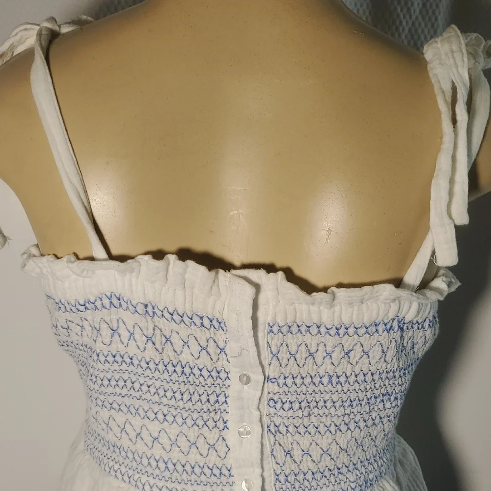 Free People White and Blue Smocked tie strap Blouse Size M